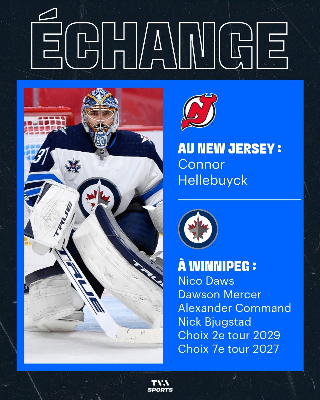 Échange Connor Hellebuyck : le gardien passe aux Devils du New Jersey; les Jets obtiennent Nico Daws, Dawson Mercer, Alexander Command, Nick Bjugstad et deux choix au repêchage