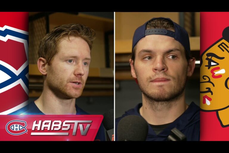 Mike Matheson et Jacob Fowler en point de presse après le match à Chicago