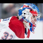 Jacob Fowler, gardien des Canadiens, en gros plan avec son masque