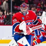 Samuel Montembeault, gardien du Canadien de Montréal, en chandail rouge